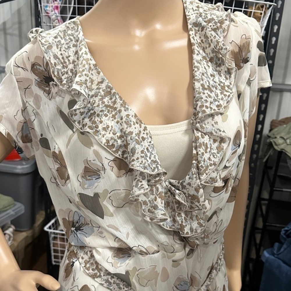 Dress Barn two piece Floral feminine Midi Dress - Cream and Brown size 10